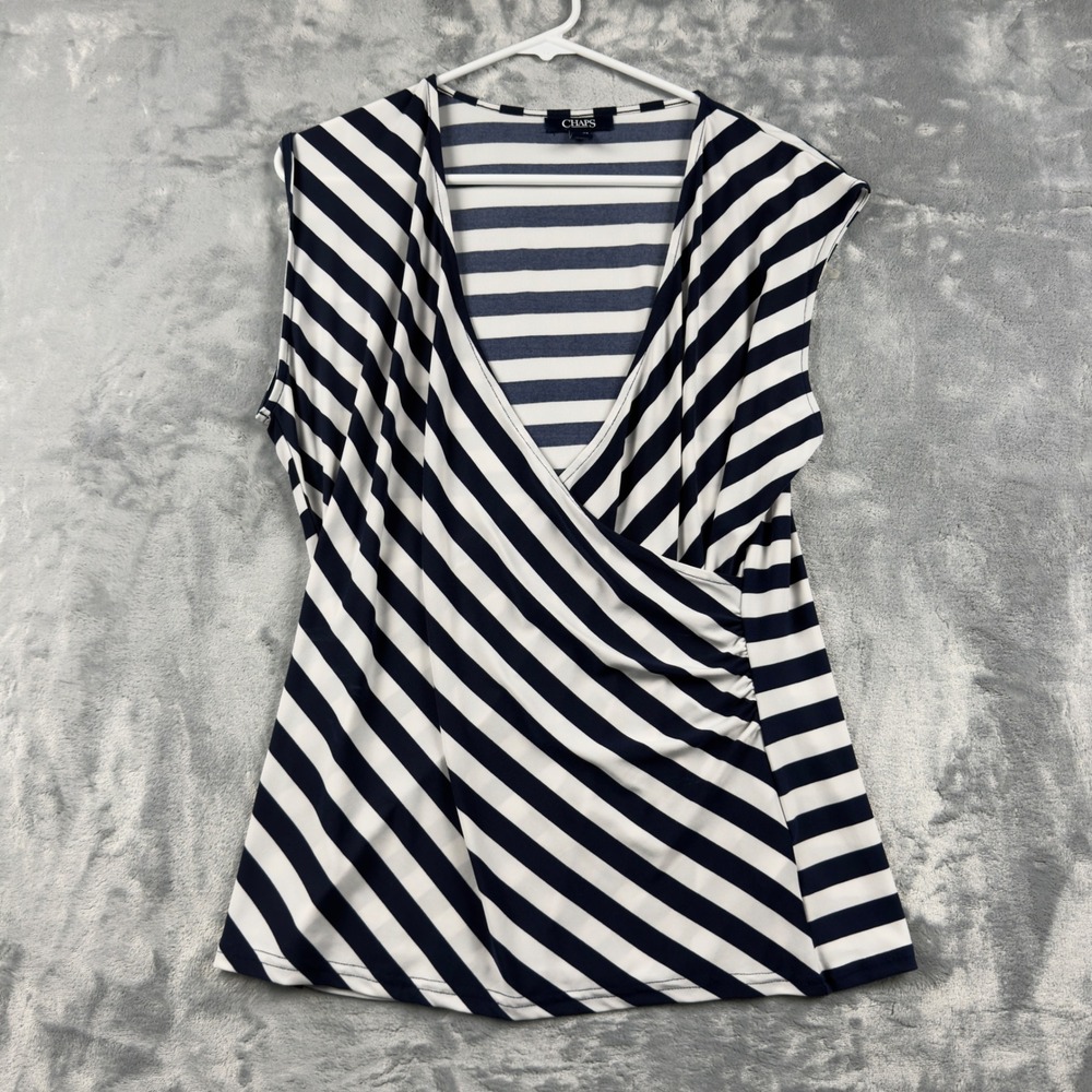 Chaps Womens Navy Blue White Striped Surplice Wrap Sleeveless Blouse Top XL